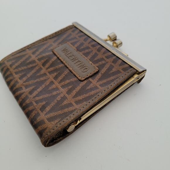 Valentino Vintage Kisslock Canvas Leather Coin Wallet Mini Small Purse Brown 2x2 - Picture 6 of 8